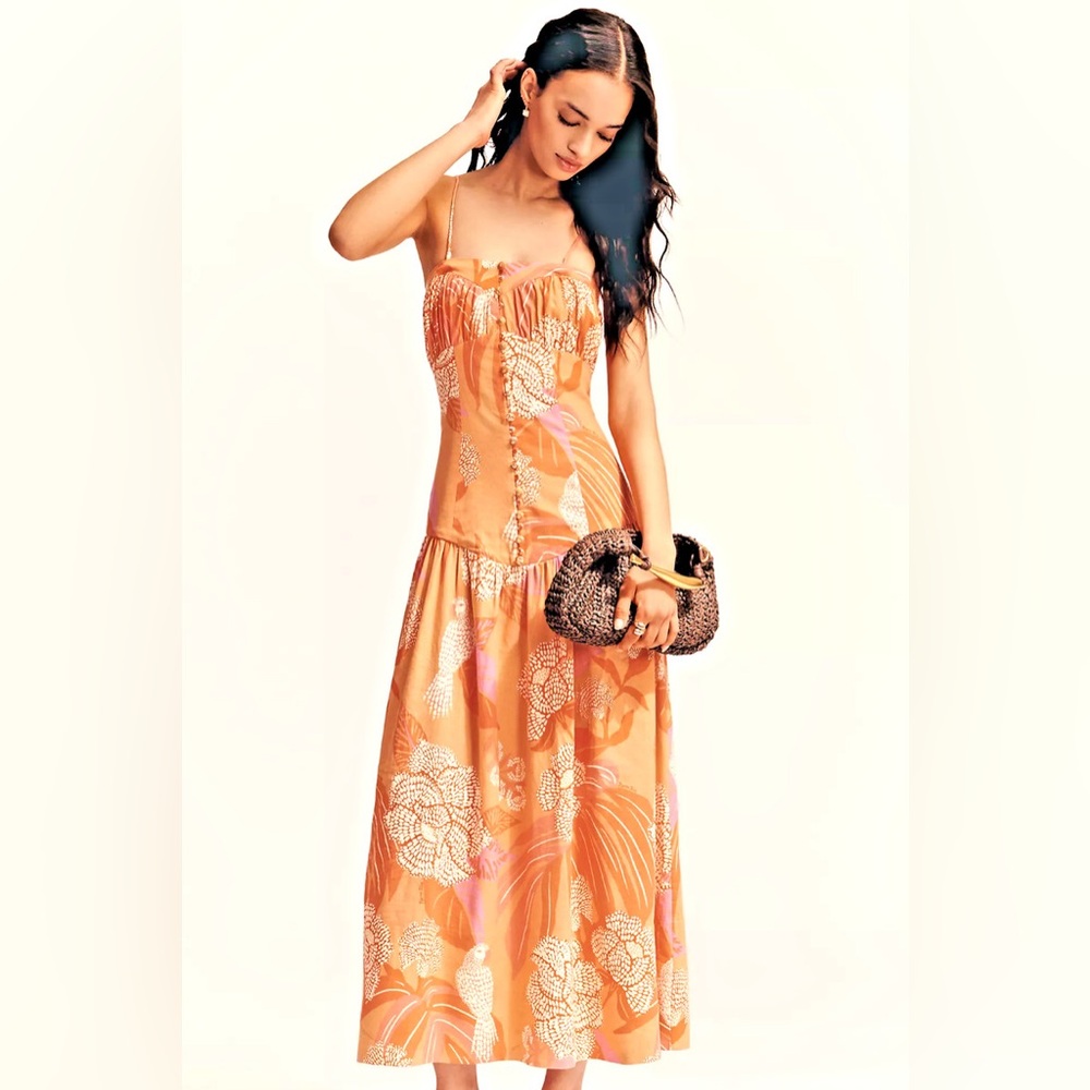 Farm Rio x Anthropologie Linen Blend Strapless Drop-Waist Maxi Dress Size L NWT